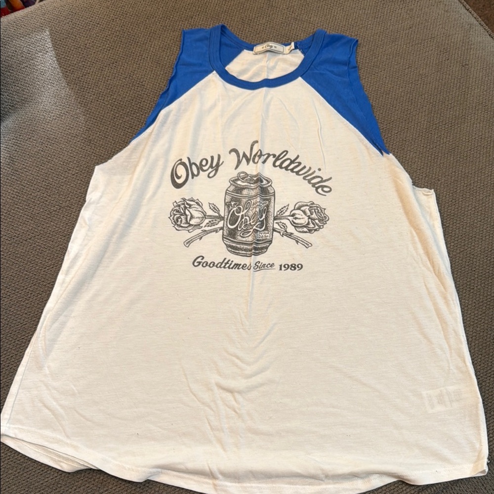 Obey Blue and White Graphic Tank